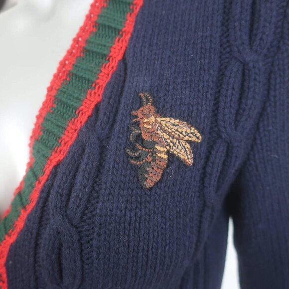 Gucci Bee-Embroidered Cardigan Navy Wool Ribbed Knit Size Small V-Neck Sweater - Picture 4 of 10